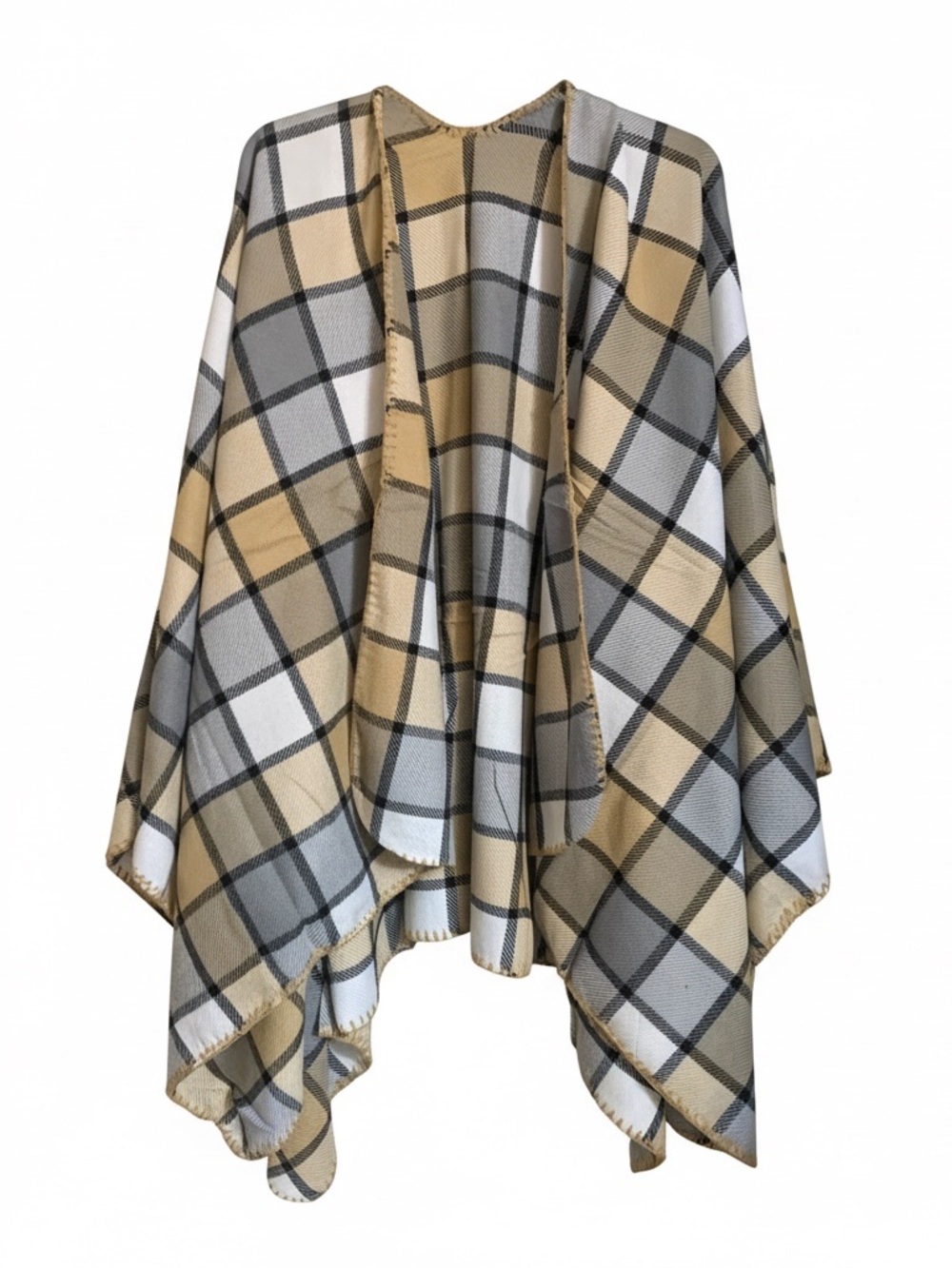 Neutral Plaid Open-Front Cape - Beige, Gray & White
